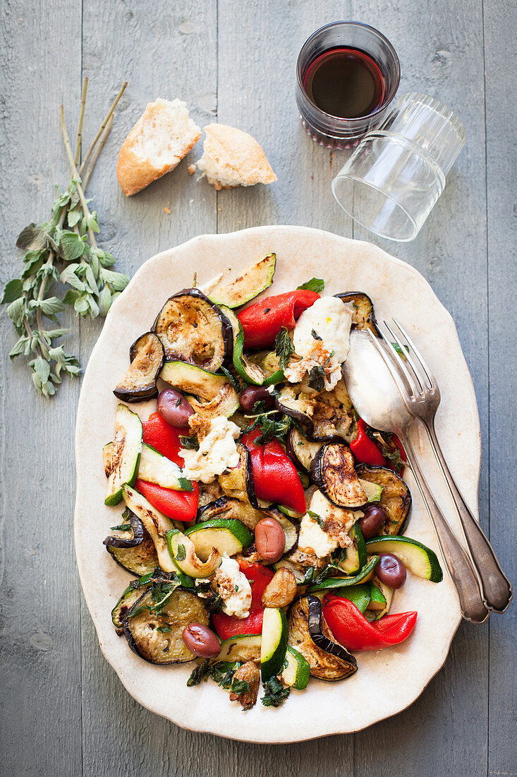 Grilled vegetable salad with feta cheese and oregano (Greece)