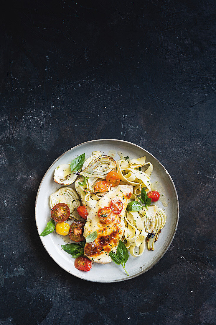 Chicken with cheese and herb pasta