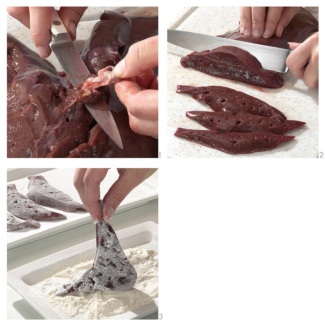 Liver being skinned, cut and dusted in flour