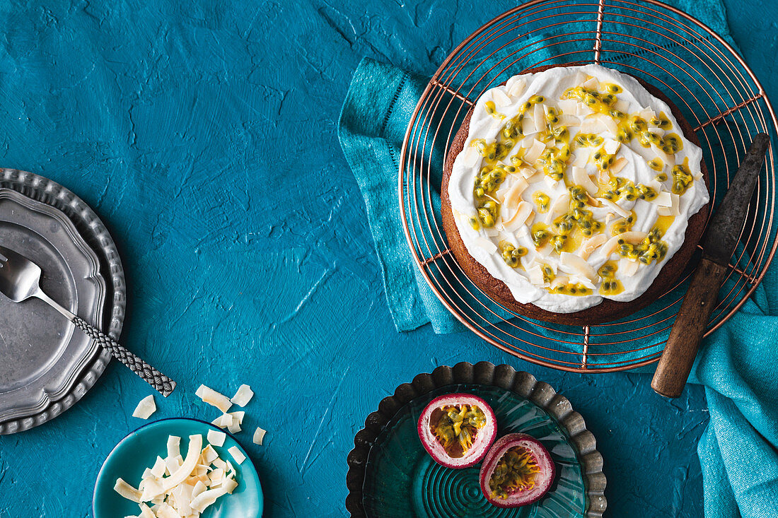 Egg-free banana cake with passion fruit and coconut