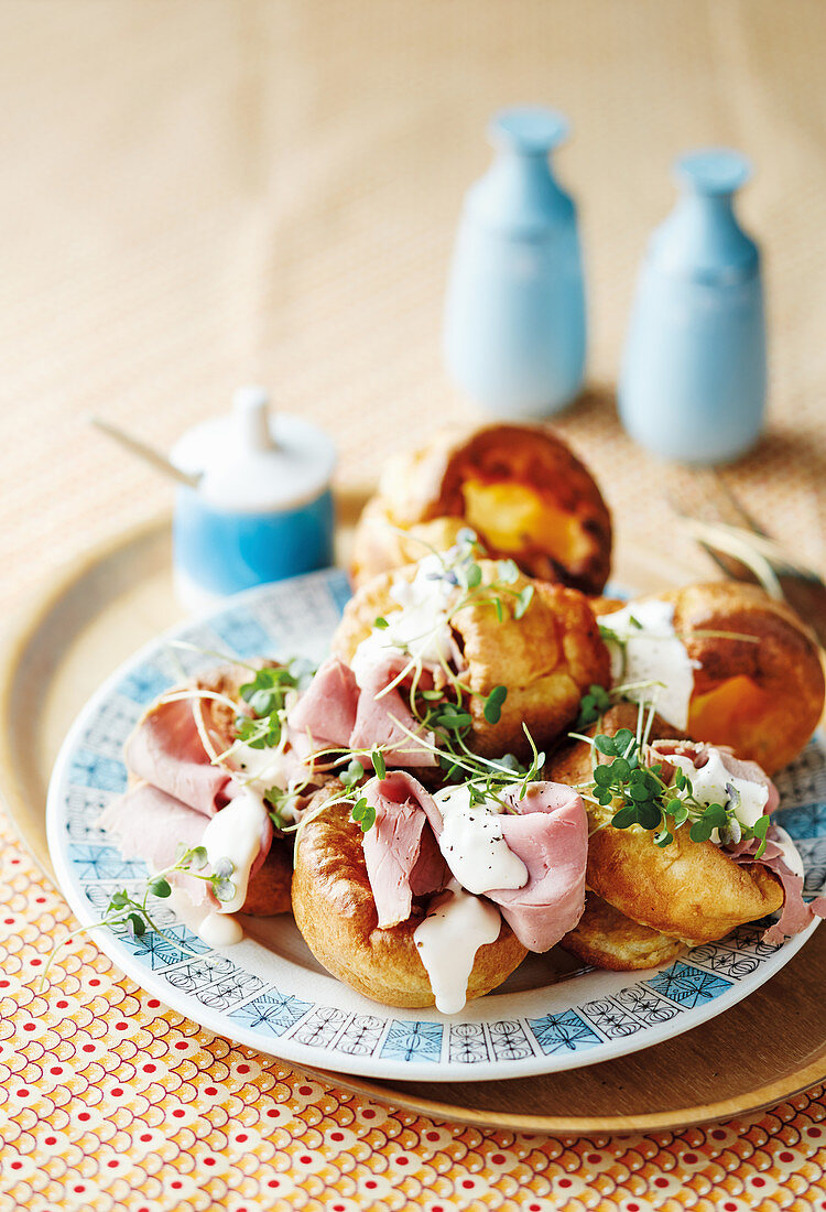 Yorkshire puddings with roast beef and micro herbs