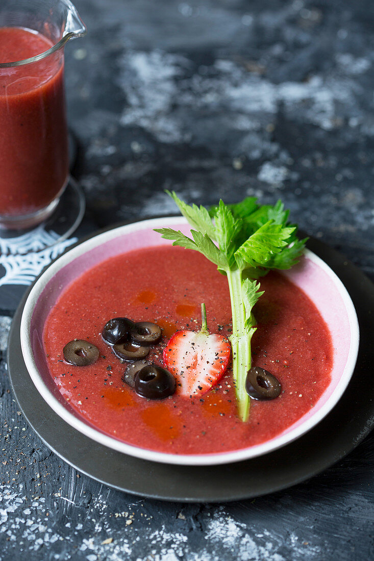 Bloody Mary gazpacho with strawberries and olives for Halloween