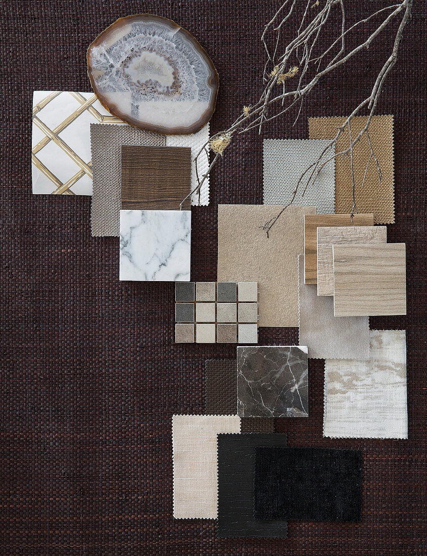 Mood board of various material samples in natural shades