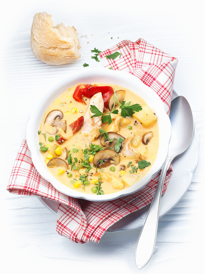 Oven soup with chicken, mushrooms and corn