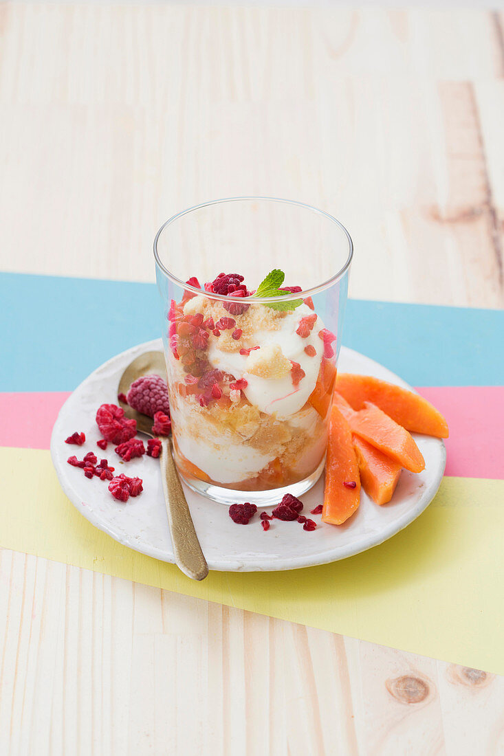 Tropical Trifle: a layered dessert with papaya, pineapple, pudding and cream