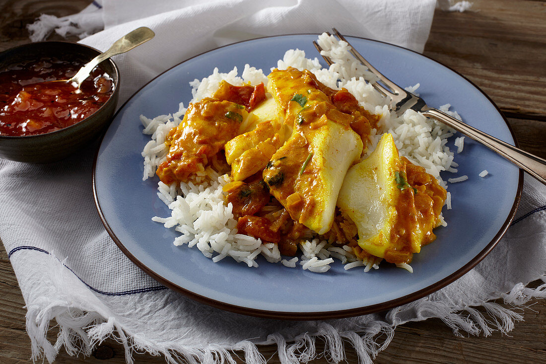 Fischcurry mit Reis (Kerala, Indien)