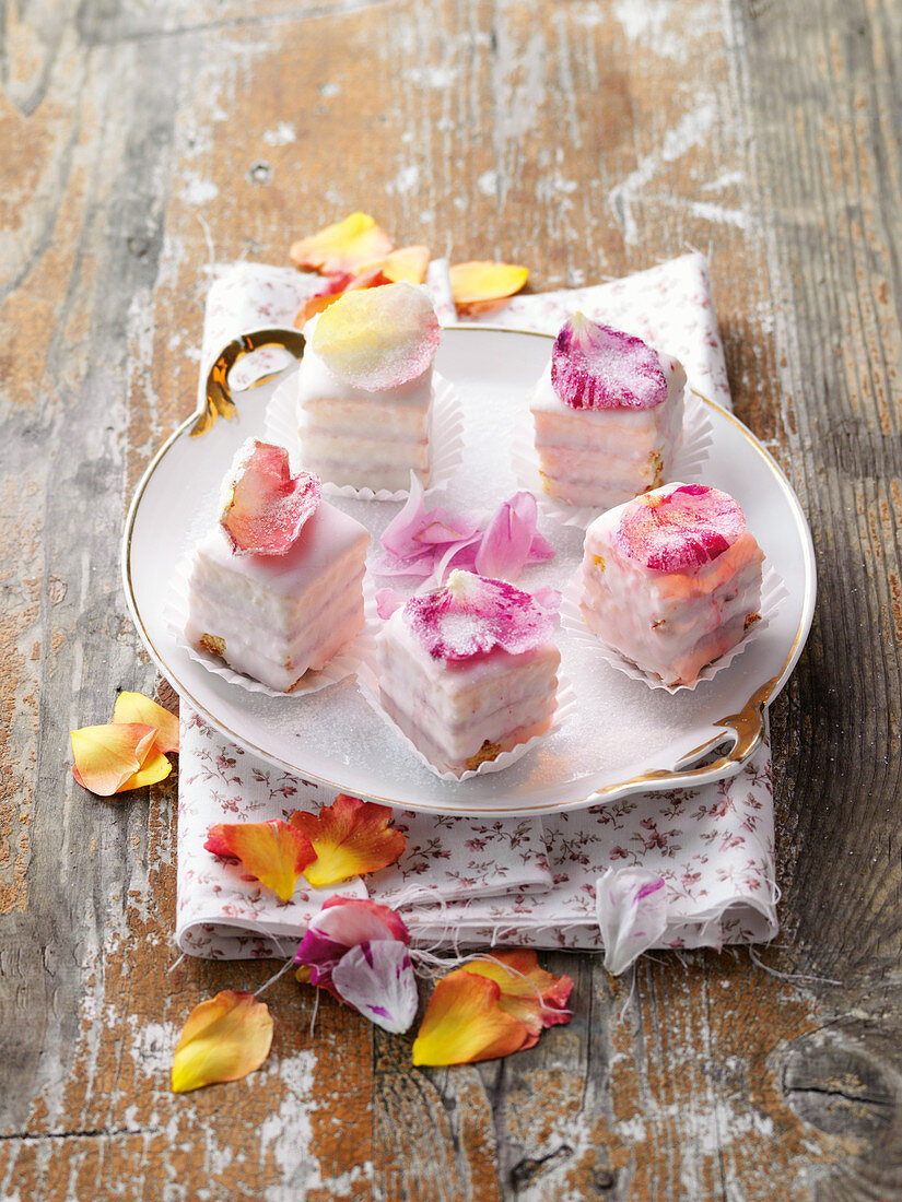 Petit fours with sugared rose petals
