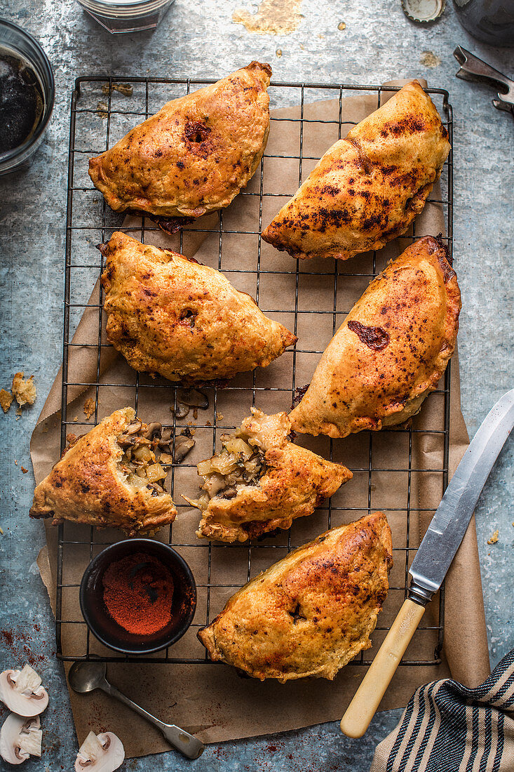 Mushroom, onion and blue cheese pasties with pepper and smoked paprika pastry