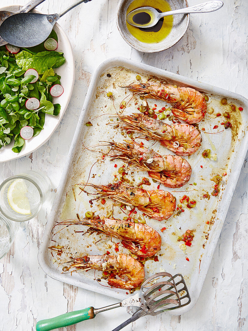 Grilled Prawns served with Salad and Balsamic Dressing