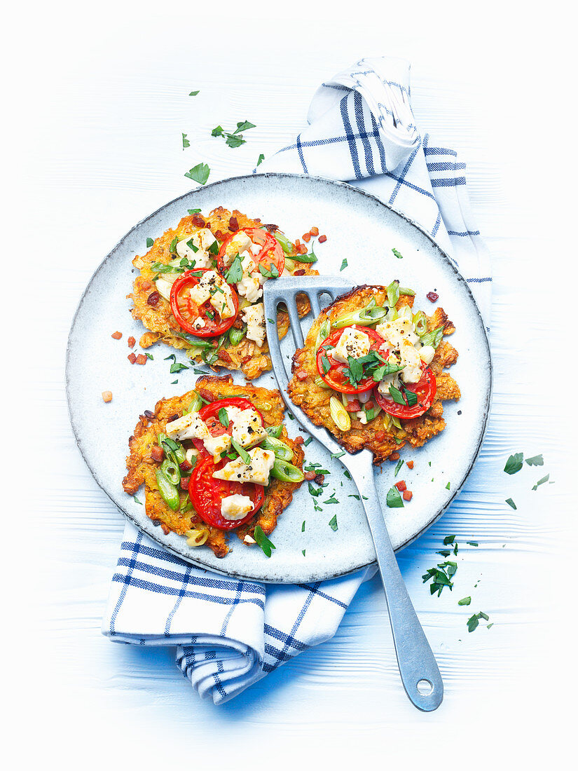 Spelt and potato pancakes with tomatoes and feta cheese