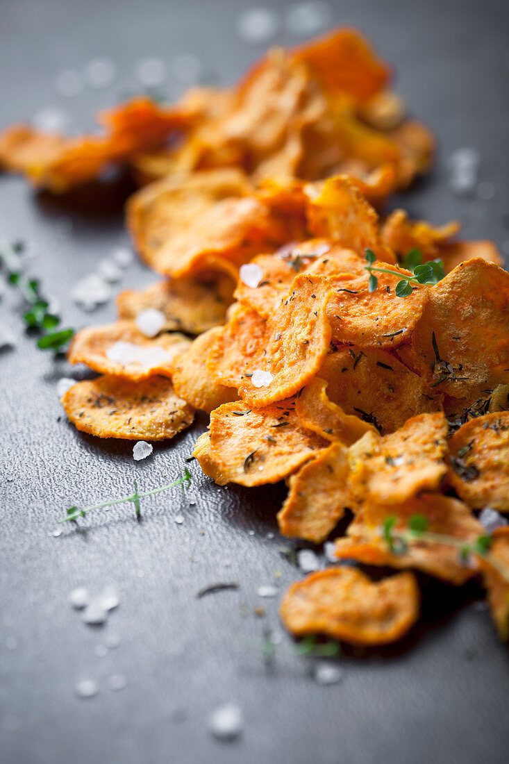Sweet potato chips with thyme and salt