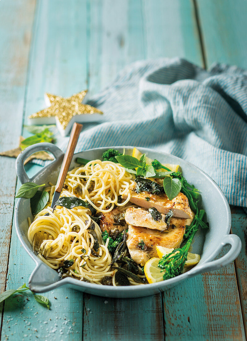 Chicken piccata with sage butter and spaghetti