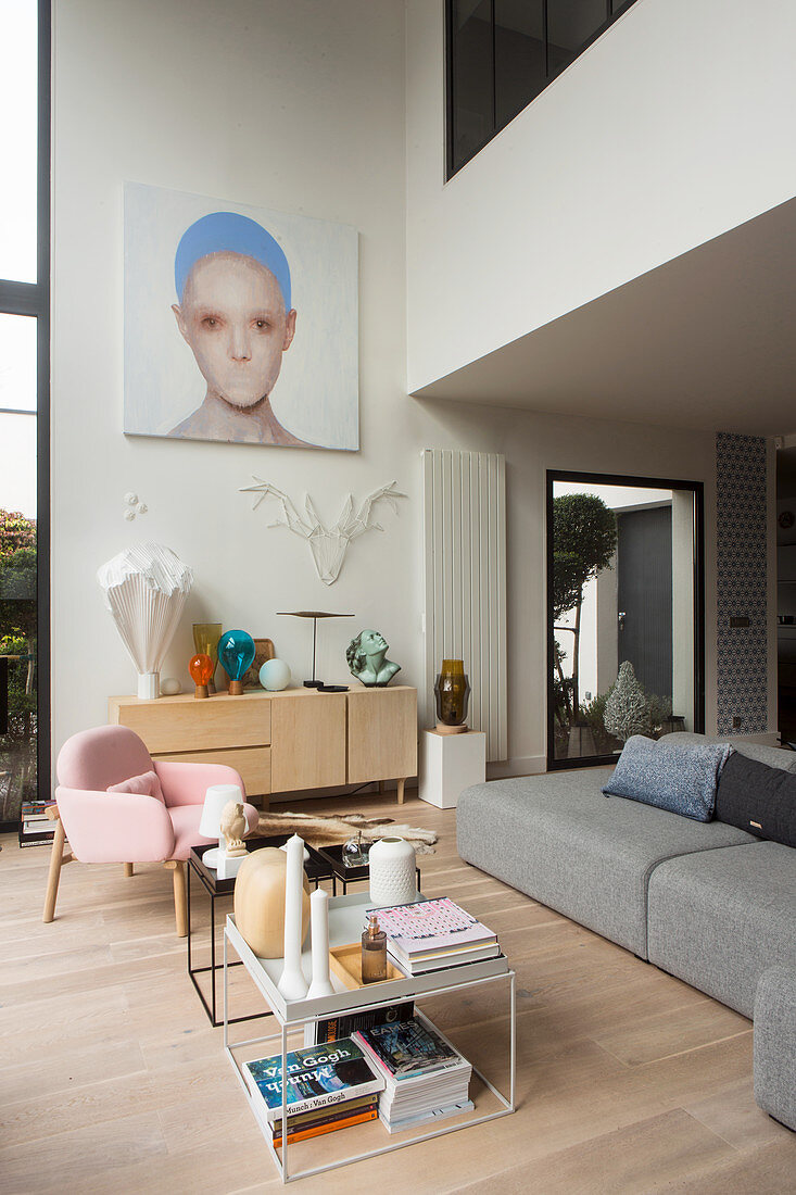 Modern, designer, double-height living room