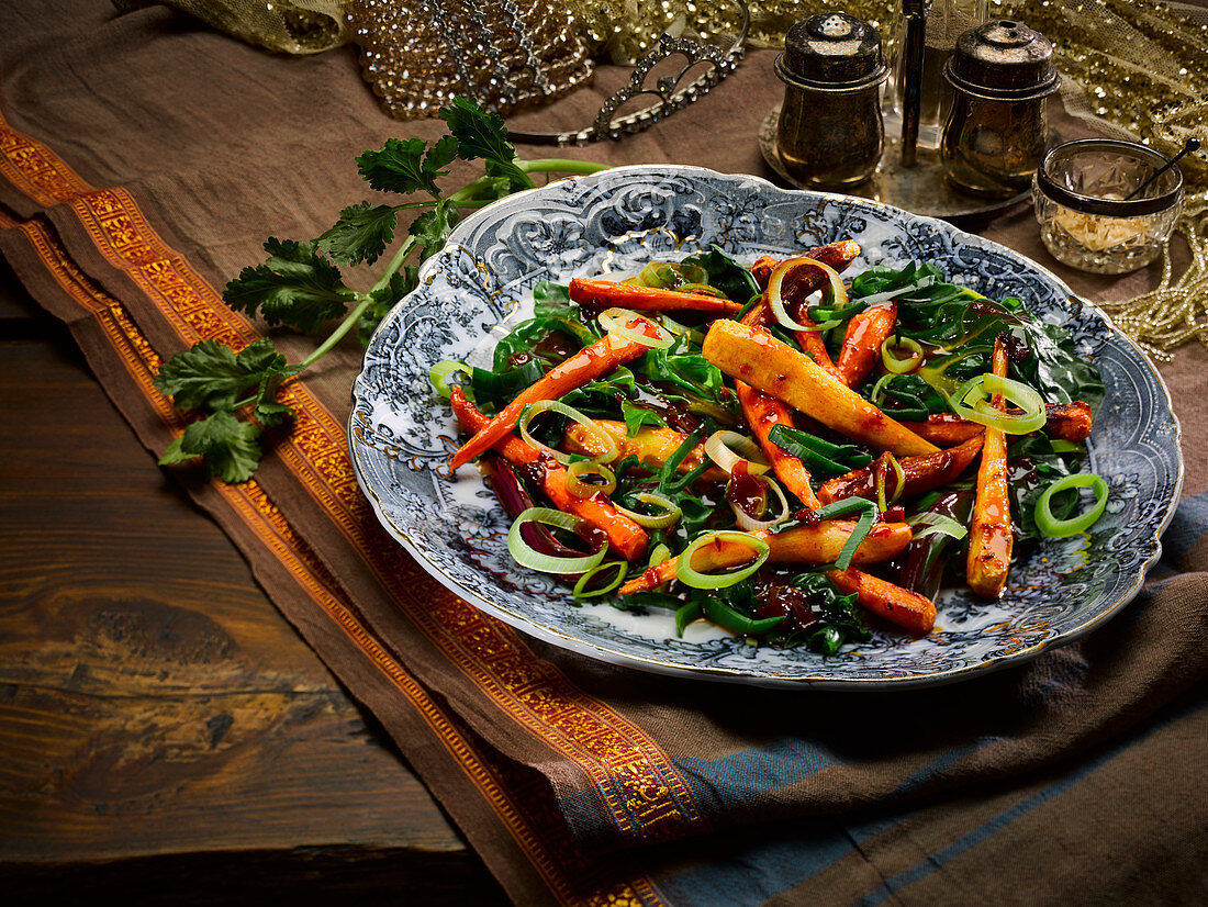 Roasted vegetable salad with pomegranate dressing