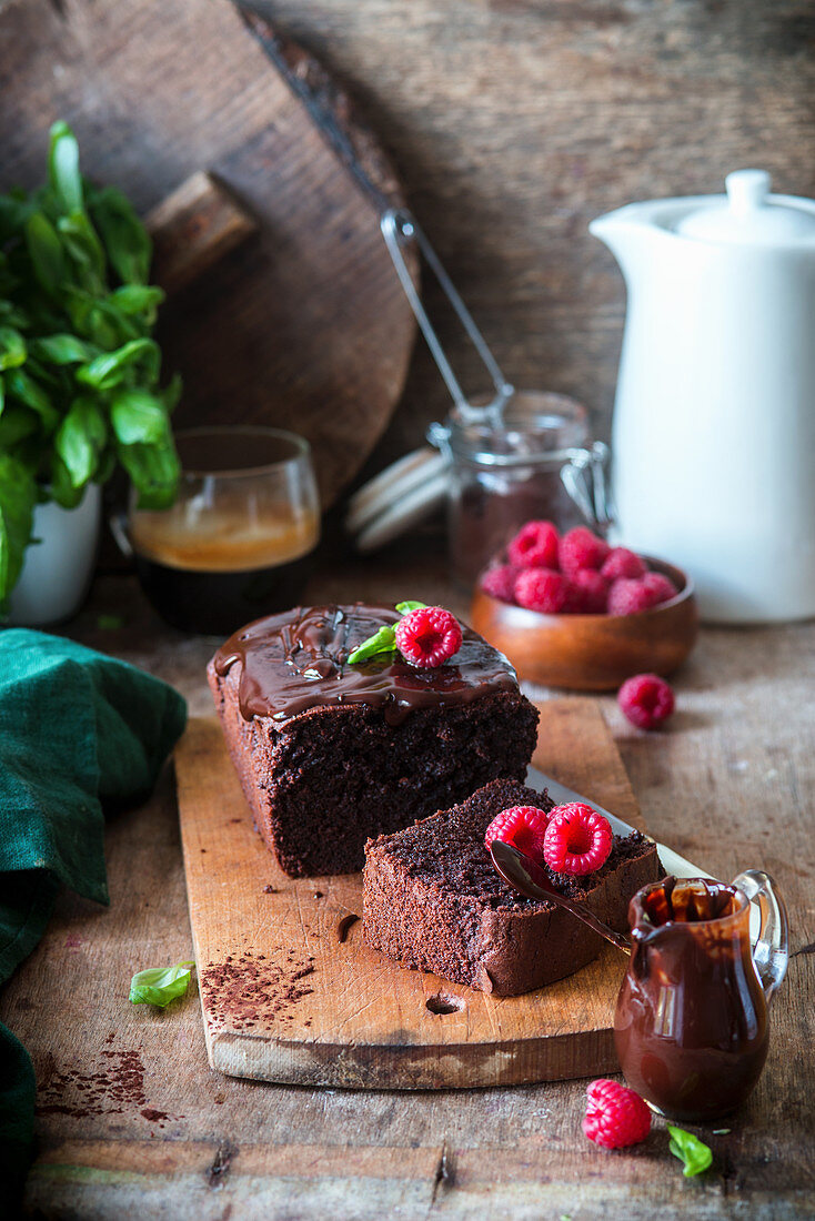 Moist chocolate cake with raspberries