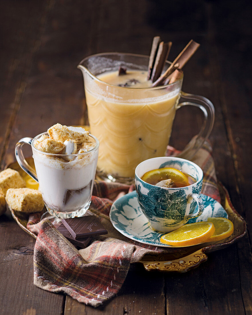 Almond drinking chocolate, chai coconut tea with chamomile, and Hot Toddy