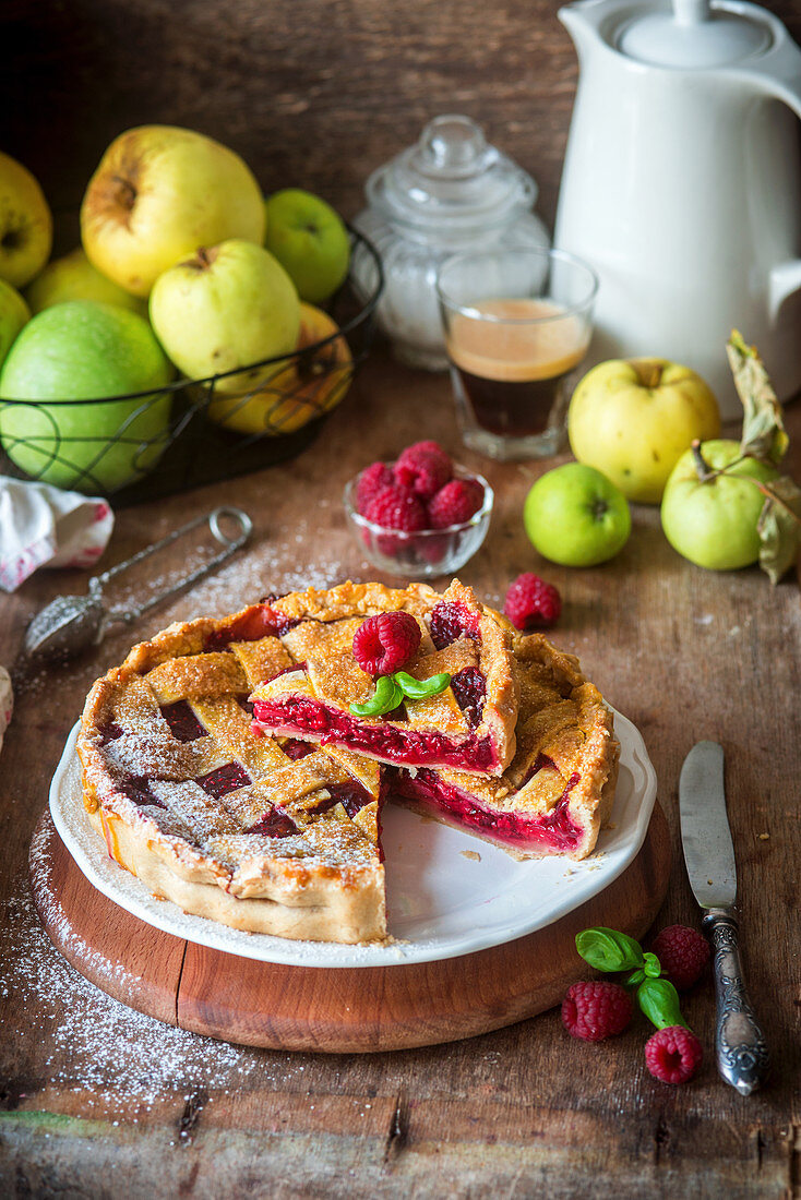 Raspberry apple pie with a pastry lattice