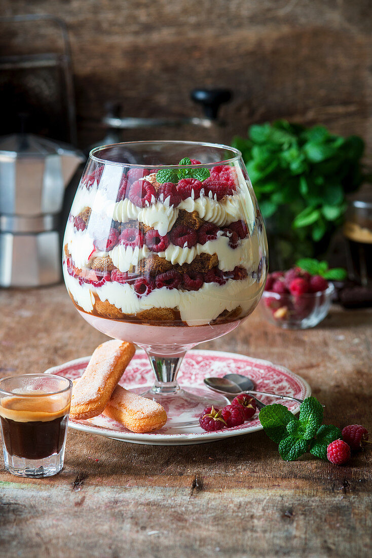 Tiramisu trifle with raspberries