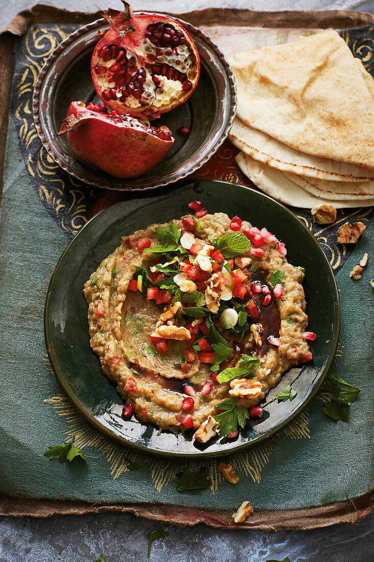 Baba Gannoj (Syrian aubergine purée with pomegranate seeds)