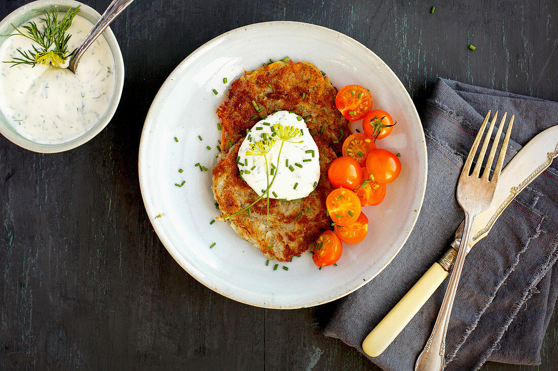 Potato Provolone Cakes served with Dill Creme