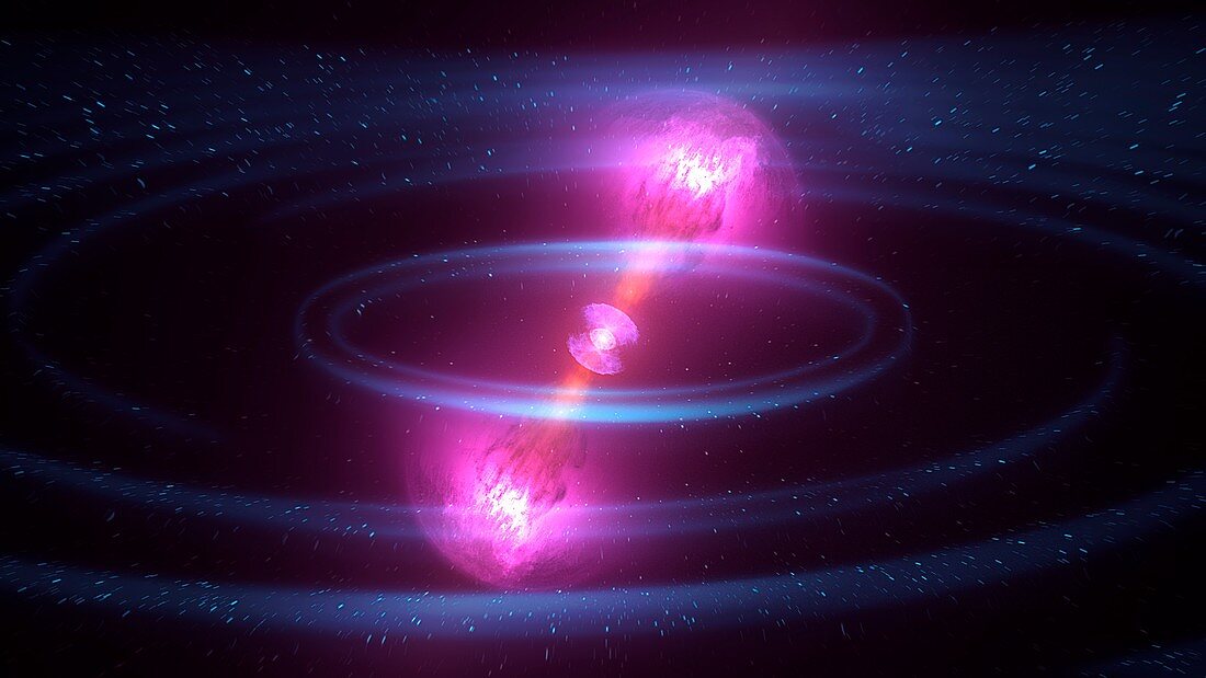 Gamma ray burst from colliding neutron stars, illustration