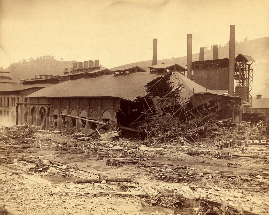 Ironworks damaged by Johnstown Flood, 1889