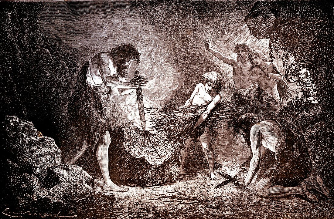 Prehistoric men making fire, 19th Century illustration