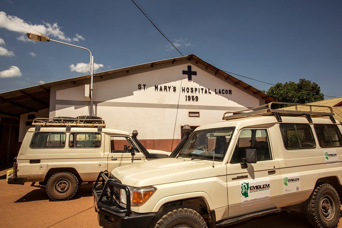 St Mary's Hospital and transport vehicles, Lacor, Uganda