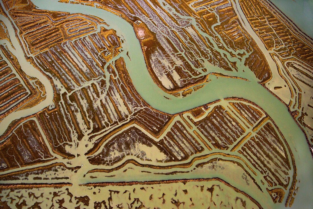 Salt flats on marshland, aerial photograph