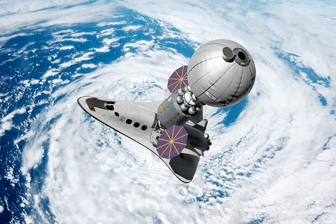 Cruise shuttle docked with space habitat, illustration