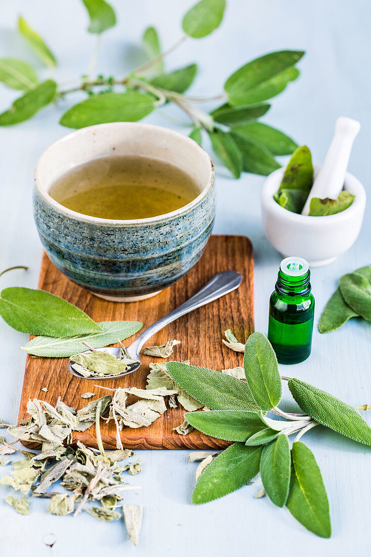 Sage essential oil and tea
