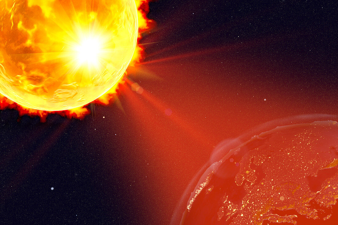 Solar flare hitting Earth, illustration