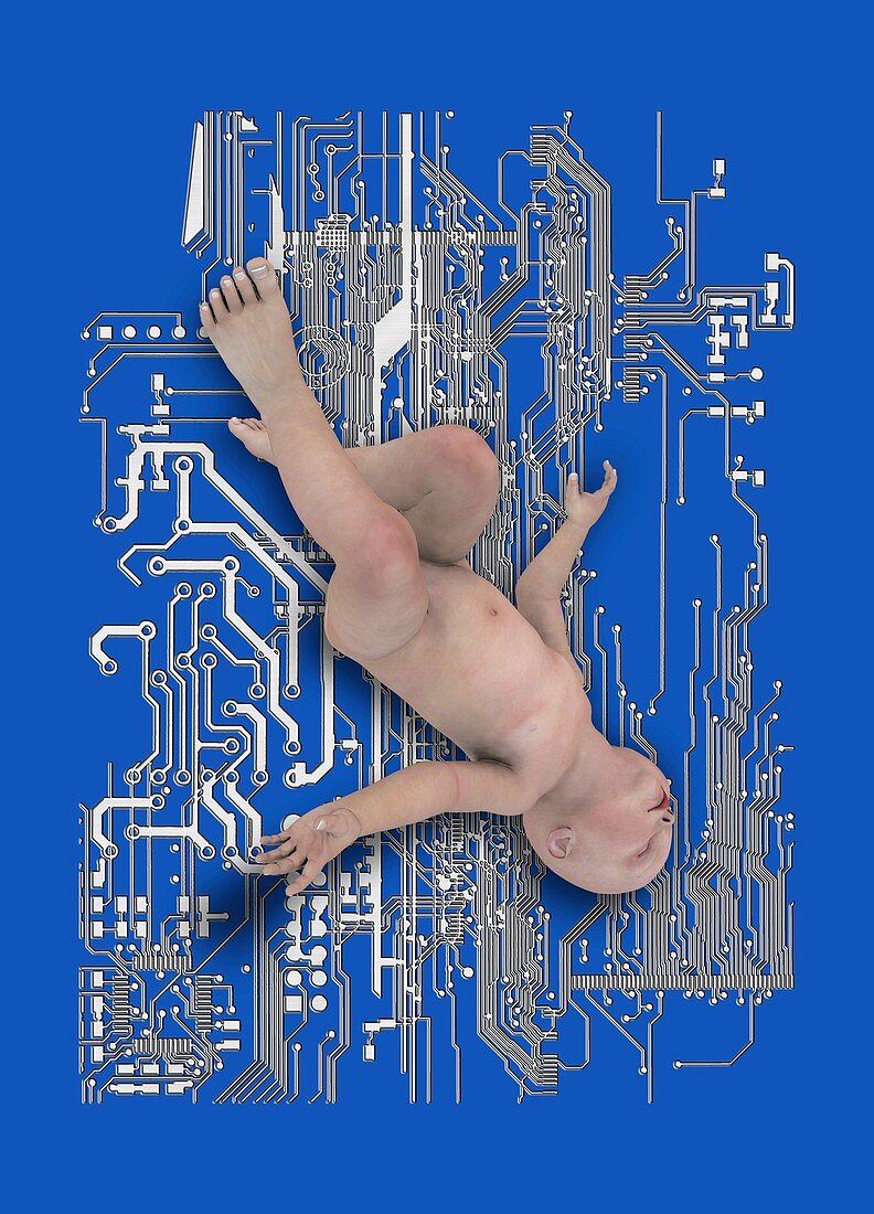 Baby with circuit board, illustration