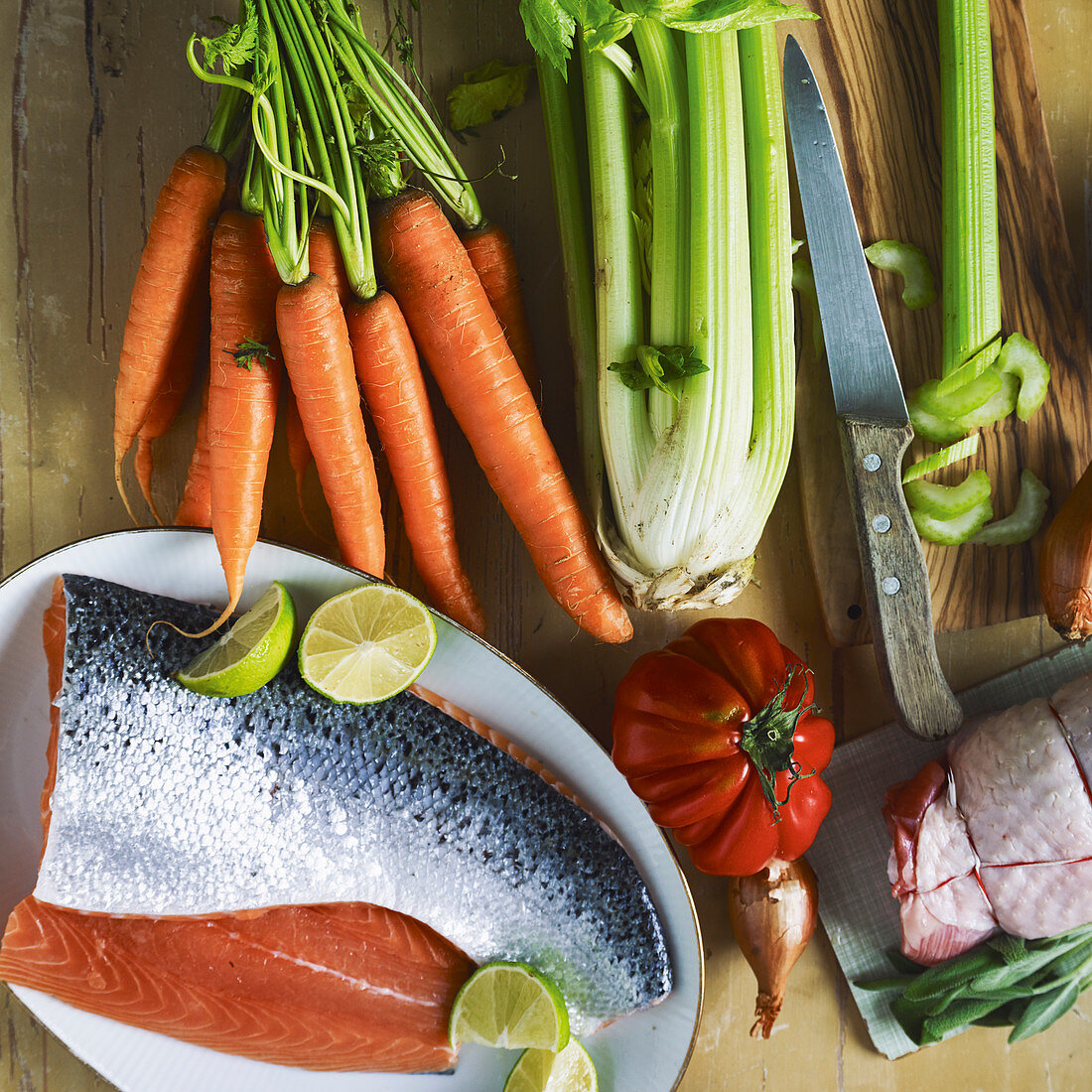 Raw meat and fresh vegetables