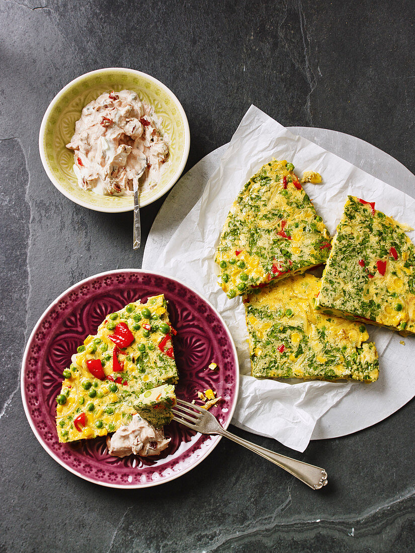 Vegetable frittata with a caper dip