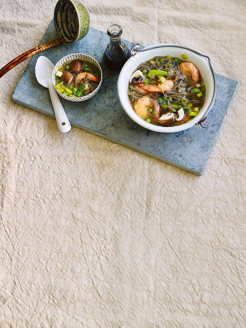 Oriental buckwheat noodle soup with prawns