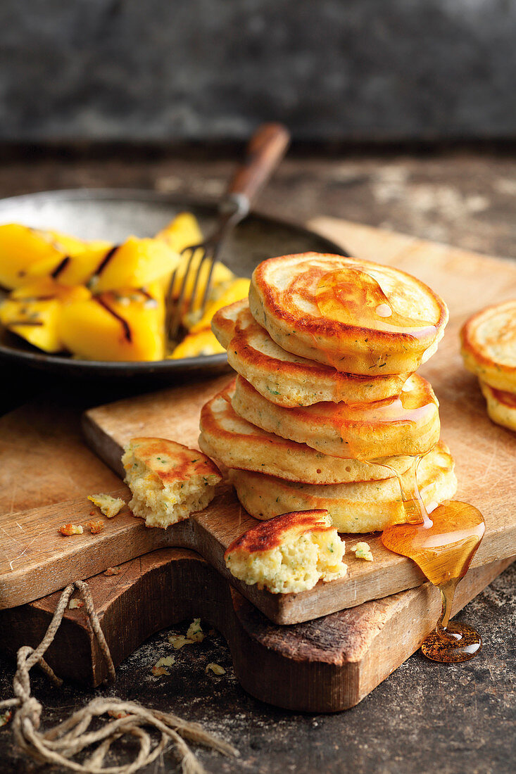 Grilled sweet herb pancakes with mango