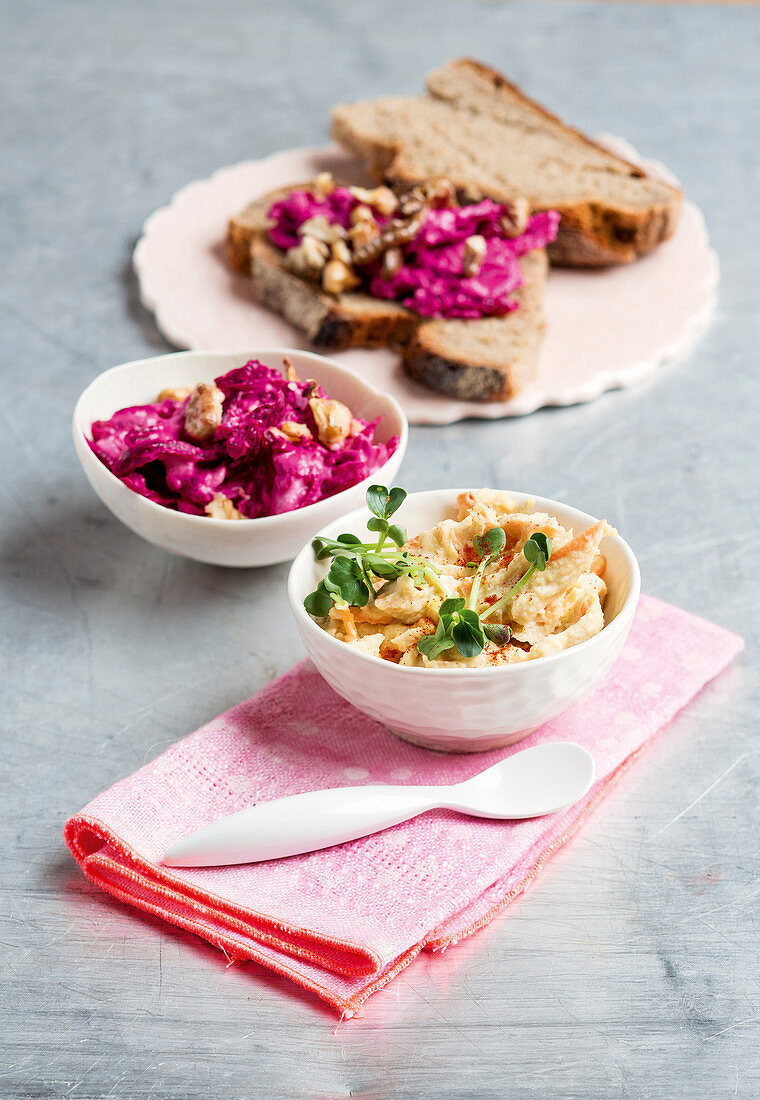 Beetroot spread, and chickpea and carrot paste