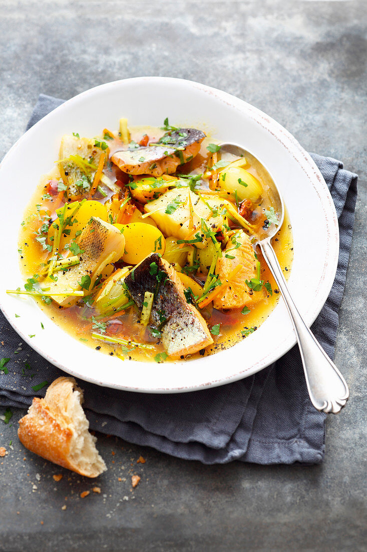 Grilled fish stew with root vegetables