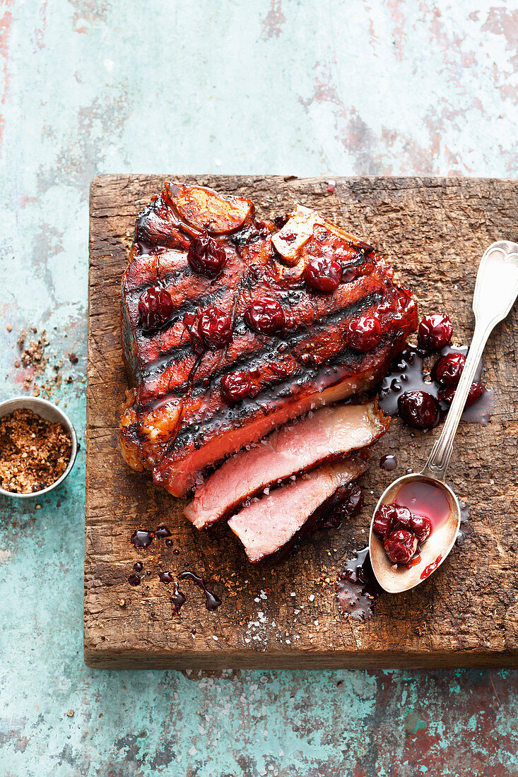 Grilled Porterhouse steak with a cherry glaze