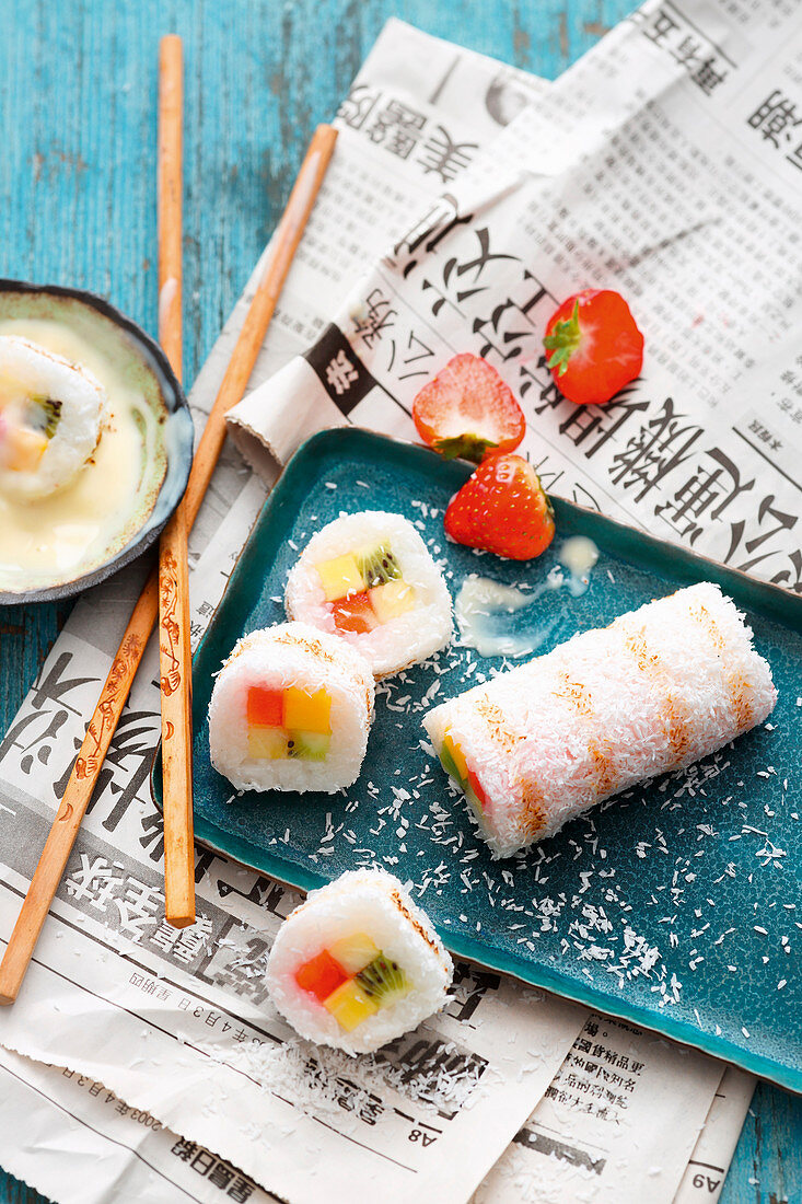 Süßes Sushi mit Kokos vom Grill und Tahiti-Vanillesauce