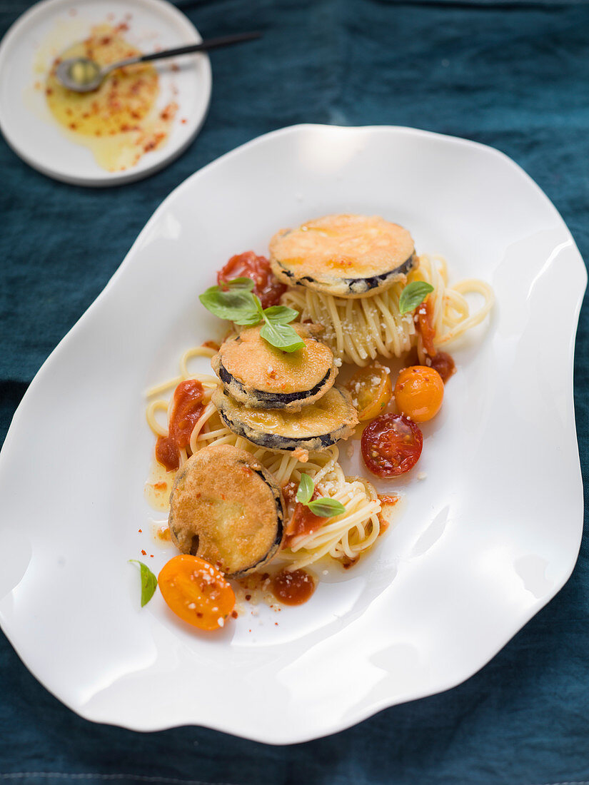 Vegetarian eggplant piccata with tomato spaghetti