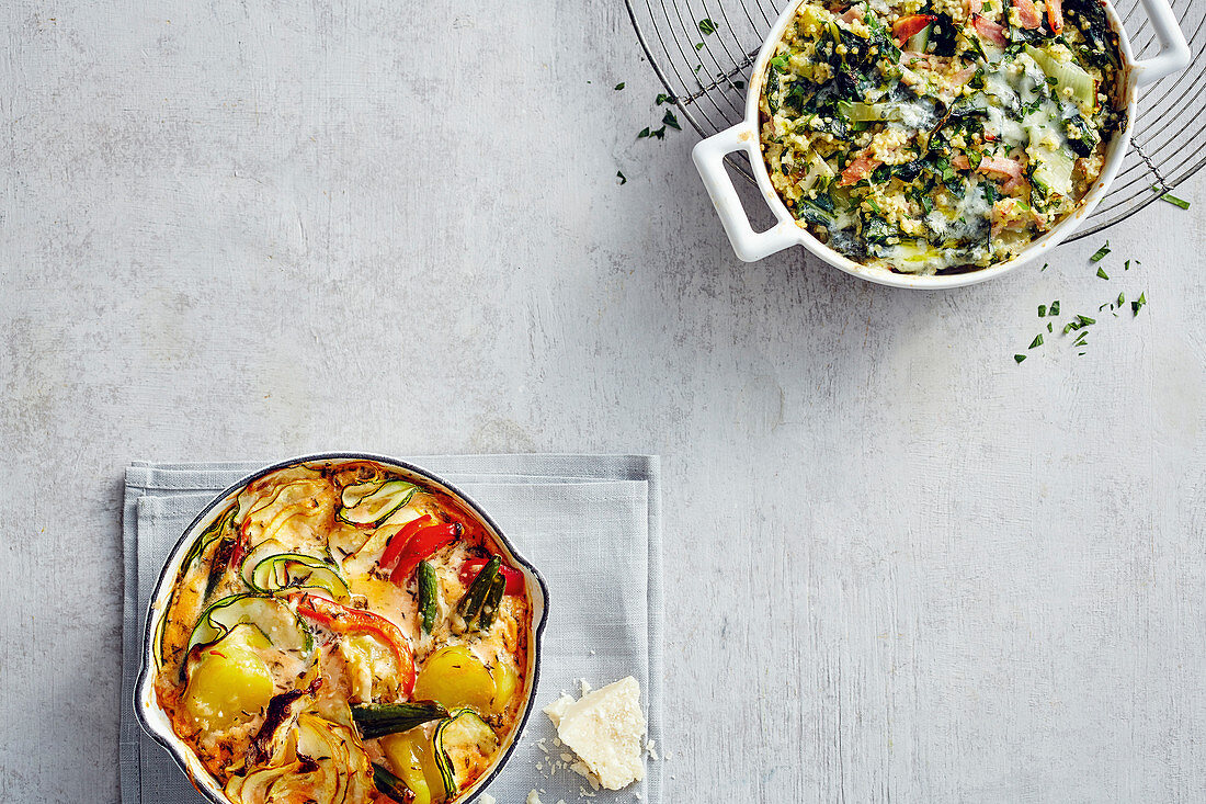 Potato bake with vegetables, and millet bake with chard