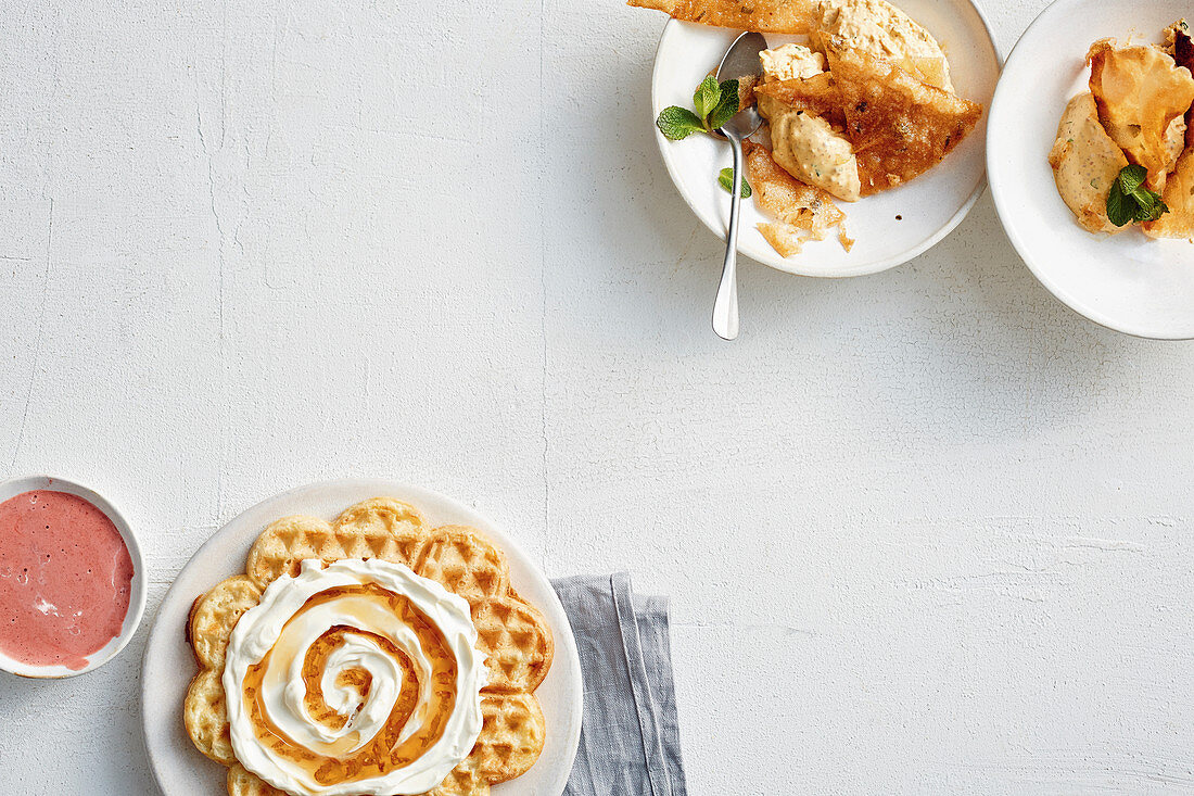 Sour cream rice waffles, and chia and sea buckthorn dumplings with rice paper