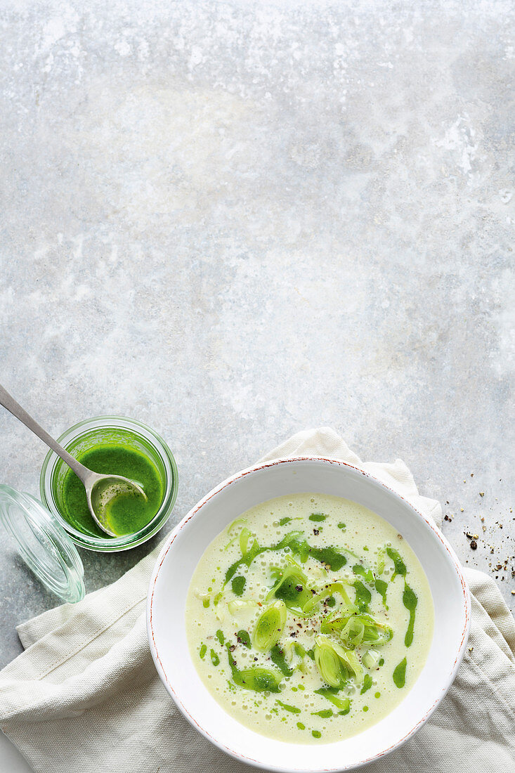 Cream of leek soup with parsley oil