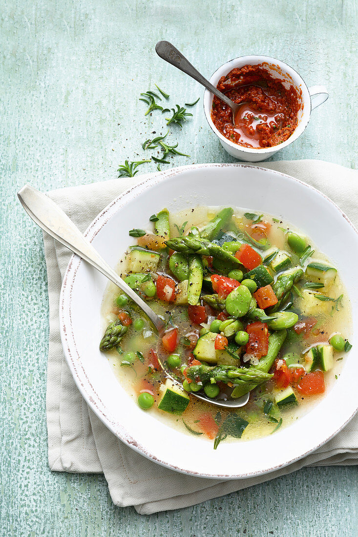 Green minestrone with salsa rossa