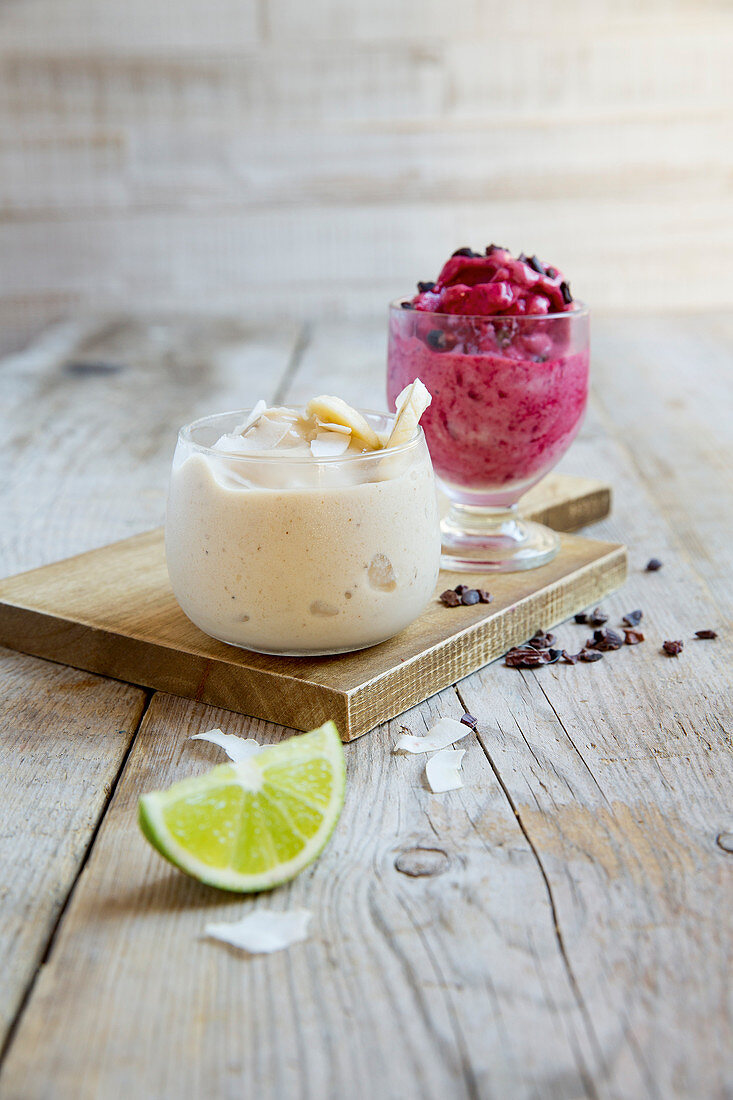Frozen cherry yoghurt, and banana and coconut ice cream