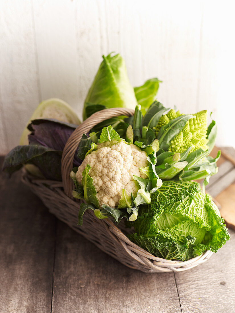 Cauliflower, savoy cabbage, Romanesco broccoli, pointed cabbage and white cabbage in a basket