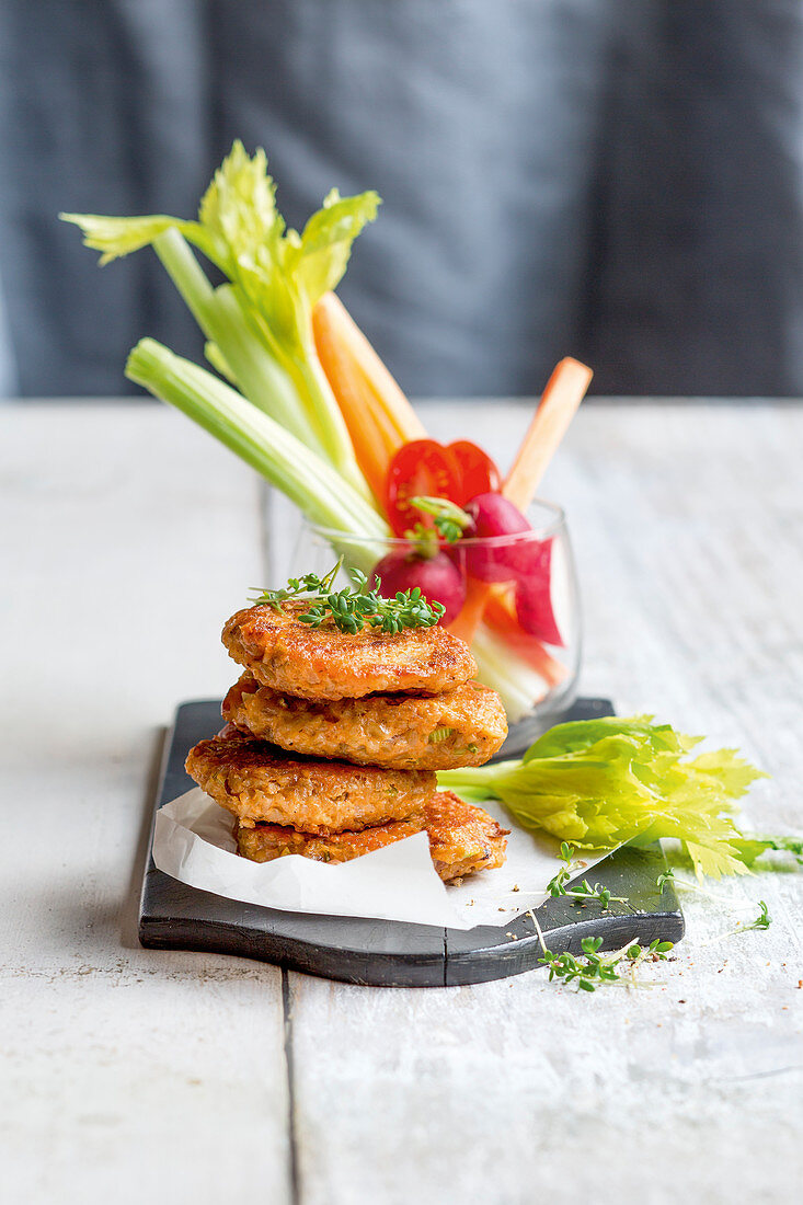 Freekeh nut fritters with raw vegetable sticks