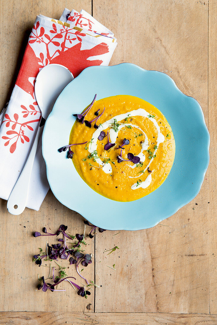 Pumpkin soup with ginger and shiso cress